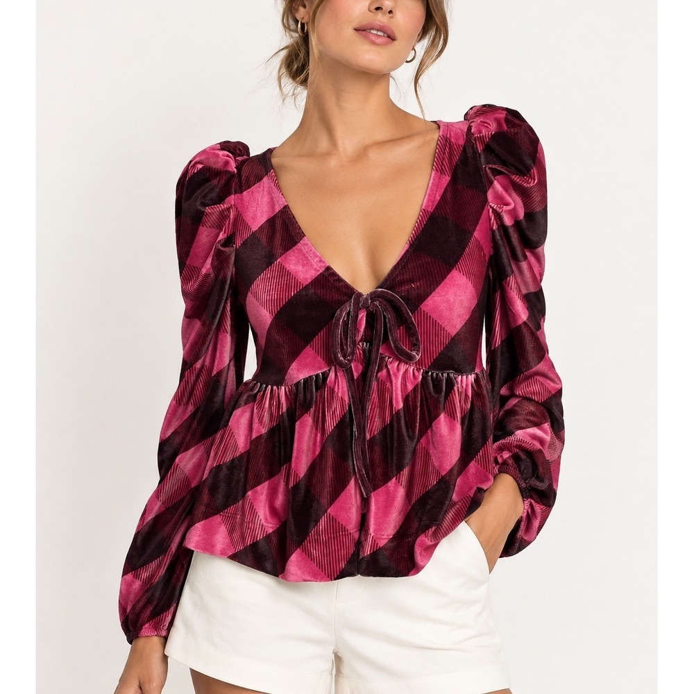 Anthropologie Maeve Velvet Babydoll Top XS Pink Plaid Puff Sleeve Peplum Tie